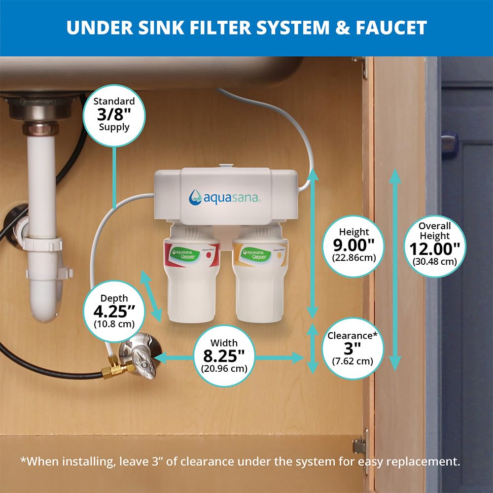 Aquasana Under Sink Water Filter System - Reduces PFAS, Lead, & Chlorine in Drinking Water - Under Counter Claryum Filtration for Kitchen - 2-Stage - Brushed Nickel Faucet - AQ-5200.55