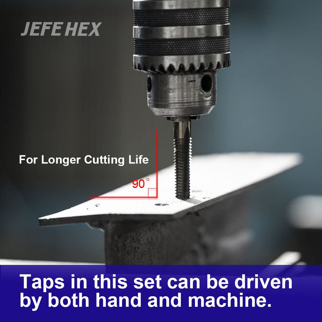 JEFEHEX 18pcs Drill and Tap Set with 1 Piece T-Handle Ratchet Tap Wrench, Tap Range 6-32NC—1/2'-13NC, Black and Gold Premium HSS Jobber Length Drill Bits and Hand Plug Taps with Metal Indexed Box