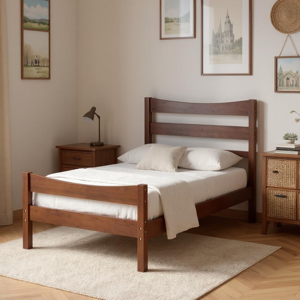 NAFORT Twin Size Wood Bed Frame/Twin Platform Bed Frame with Headboard and Footboard, Bed Frames for Boys Girls, Pine Wooden Mattress Foundation, No Box Spring Needed - Walnut