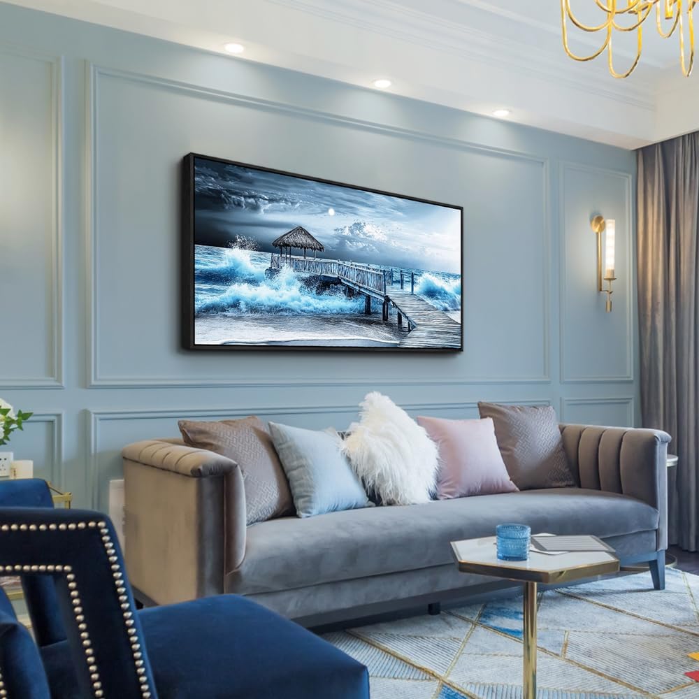ERQINHUA Large Canvas Wall Decor For Living Room Wall Art For Bedroom Office Wall Decorations Black Frame Blue Wave Landscape Painting Artwork For Modern Stretched and Framed Beach Posters 24'X48'
