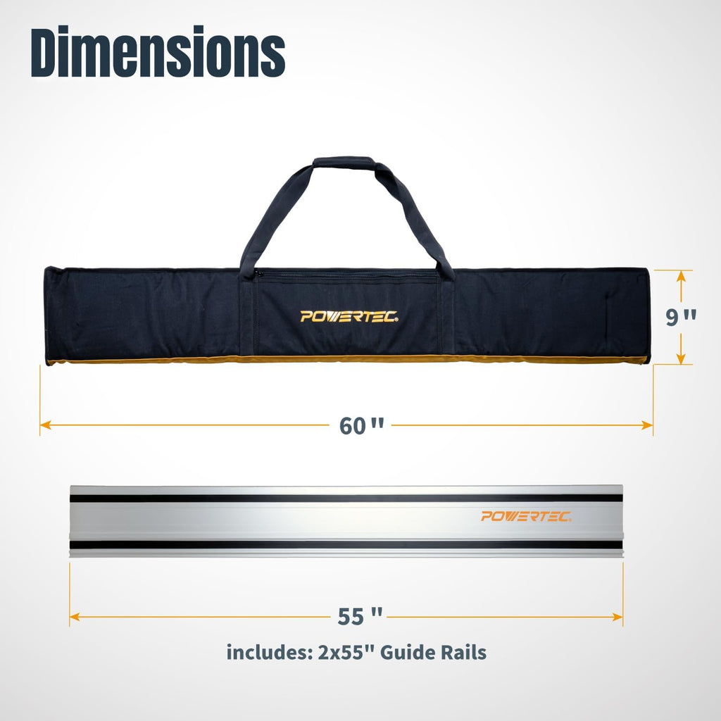 POWERTEC 110' Track Saw Guide Rail Connector Set w/Protective Bag for Milwaukee Track Saw | Includes 2x55' Aluminum Extruded Guide Rails and (2) Guide Rail Connectors for Woodworking Projects