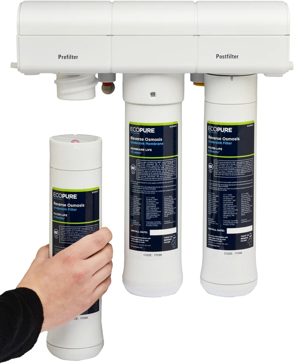 EcoPure Reverse Osmosis Filter and Membrane Set - Includes Membrane ECOROM and Pre/Post Filter Set ECOROF - Plus Reminder Tag - NSF Certified Authentic OEM Parts for ECOP30 RO Unit - EcoPure Only