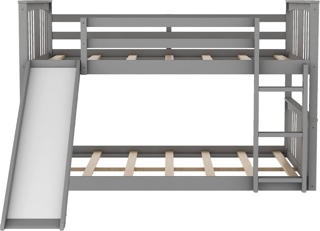 Bellemave Floor Bunk Bed with Slide, Twin Over Twin Wooden Low Bunk Bed with Slide and Ladder, for Boys Girls (Grey)