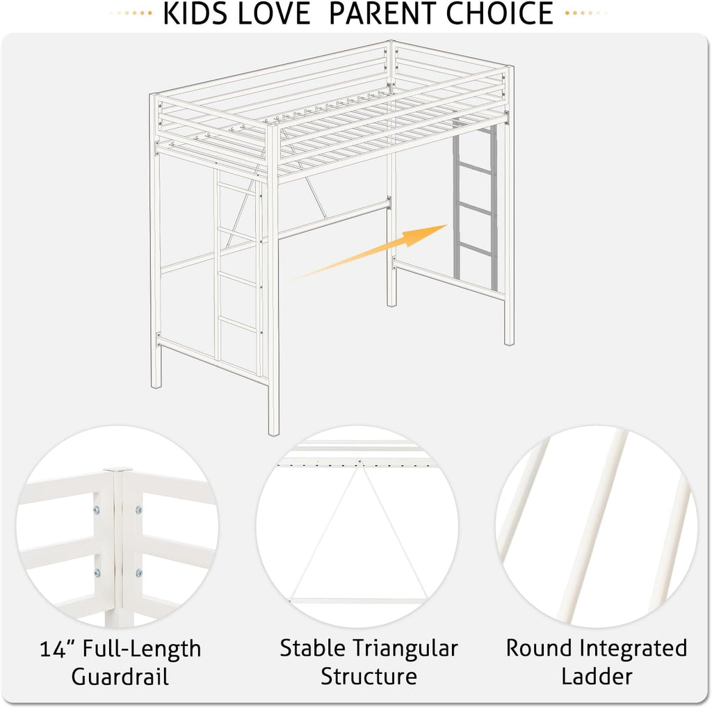 SHA CERLIN Loft Bed Twin Size with Ladder and Guardrail,Heavy Duty Metal Slats Support No Box Spring Needed Small Space Saving Furniture for Bedroom Dorm,White