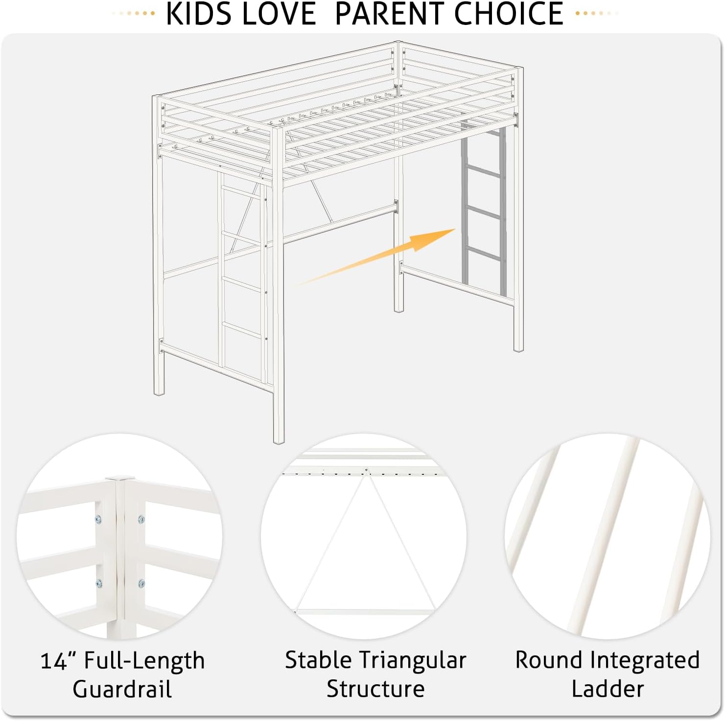 SHA CERLIN Loft Bed Twin Size with Ladder and Guardrail,Heavy Duty Metal Slats Support No Box Spring Needed Small Space Saving Furniture for Bedroom Dorm,White