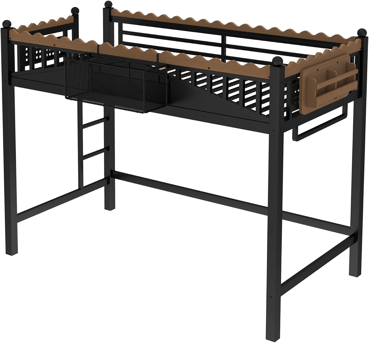 JIVOIT Metal Loft Bed with Built-in Storage Shelves and Bookshelf, Twin XL Size Metal Loft Bed with Safe Ladder & Guardrail, Space-Saving Loft Bed, No Box Spring Needed and Chic Design