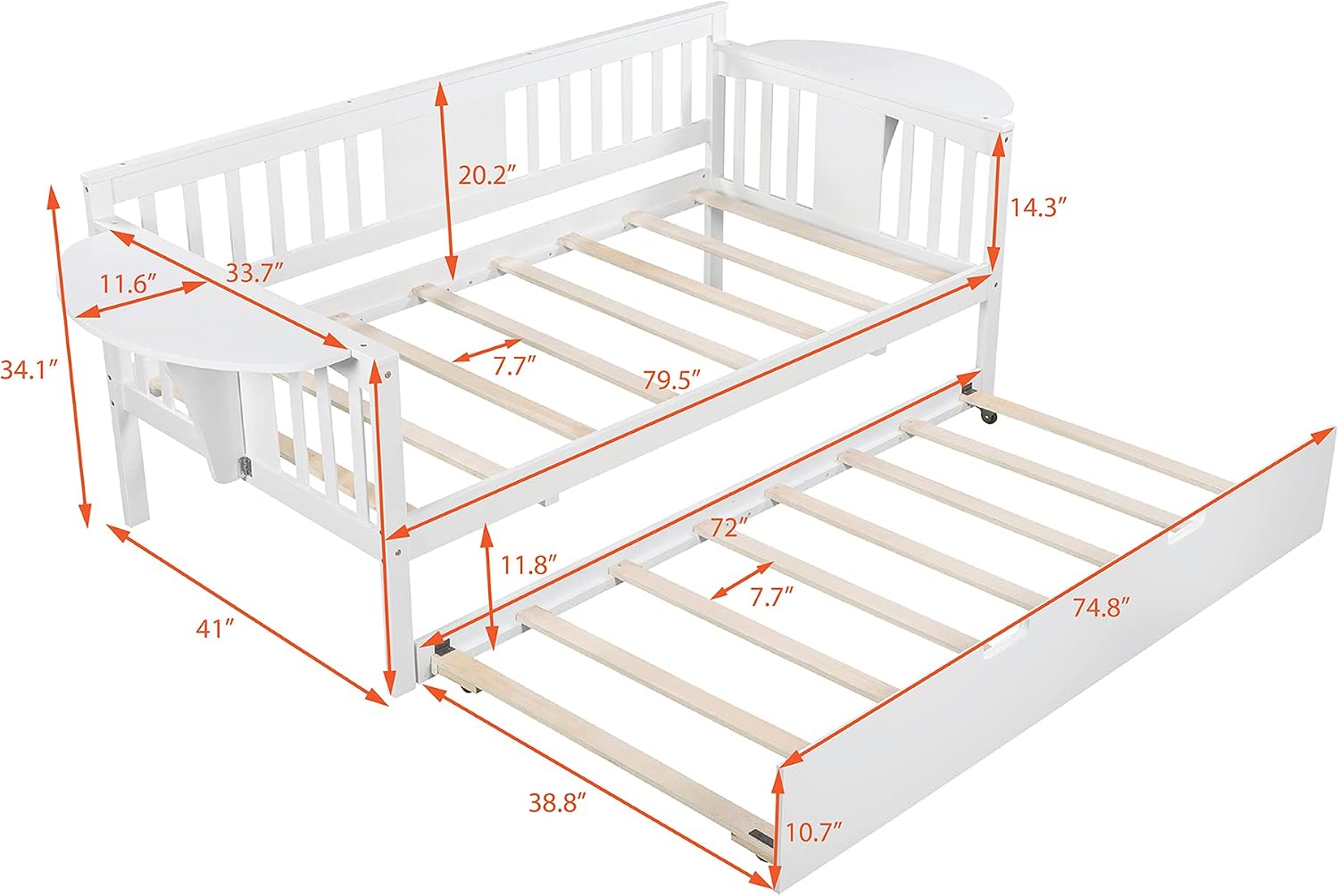 Twin Solid Wood Daybed and Trundle Frame Set with Headboard, Modern Sofa Bed with Tables/Rails for Bedroom Living Room (White+Tables)