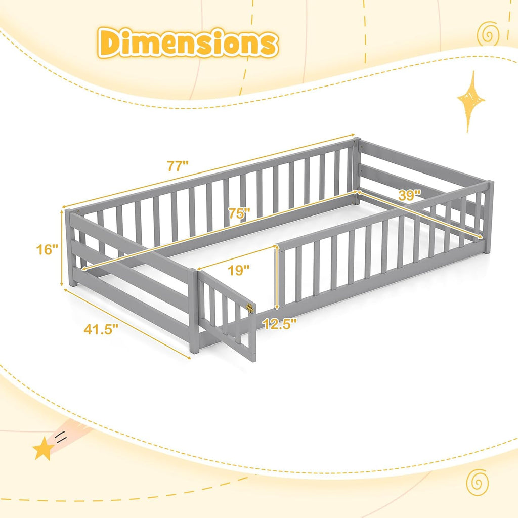 BECOMFORT Twin Floor Bed for Kids, Kids Twin Floor Bed Frame with Door, Latch & Safety Guardrails, Montessori Bed for Boys Girls