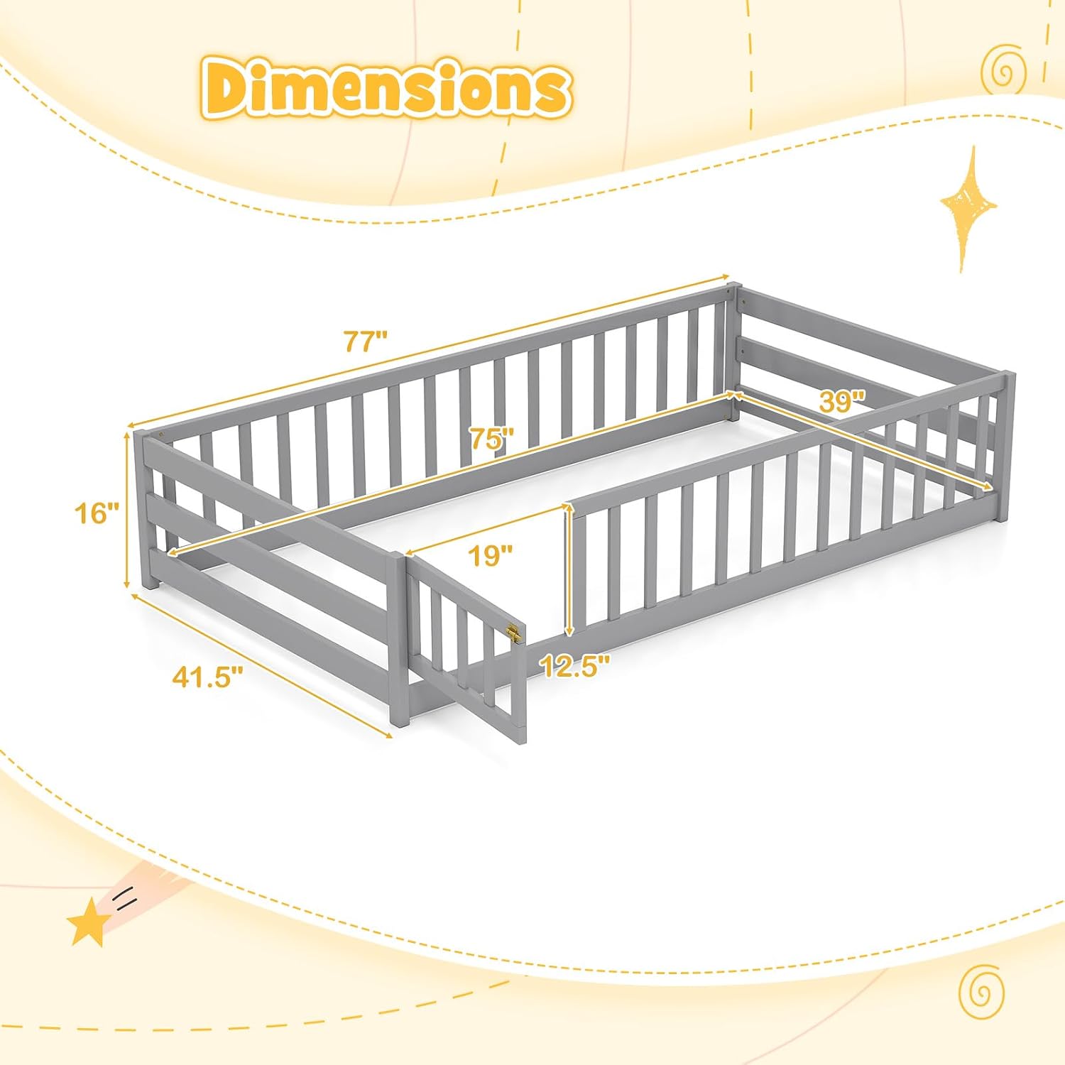 BECOMFORT Twin Floor Bed for Kids, Kids Twin Floor Bed Frame with Door, Latch & Safety Guardrails, Montessori Bed for Boys Girls