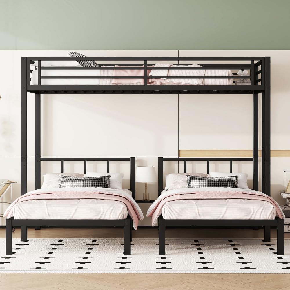 Twin Over Twin & Queen Bunk Bed, with Safety Guardrails,Space-Saving/Noise Reduced,Black (Black + Metal)
