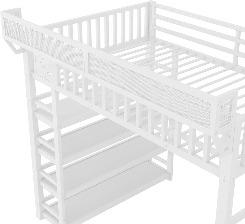 JIVOIT Metal Full Loft Bed with 4 Shelf Storage Rack, Stairs Storage, Open Shelves for Upper, Space-Saving Full Loft Bed with Guardrails and Metal Slats Support for Kids Teens (White/1)
