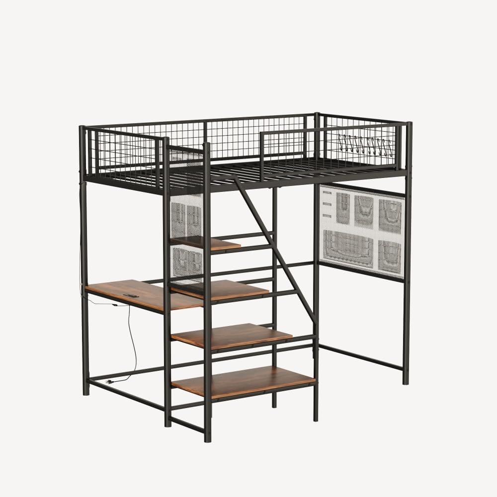 Twin Sized loft Metal Bed with Black for Bedroom and Dormitory, with Built-in Charging Station and LED Lighting (Black + Metal & Wood + Bedroom)