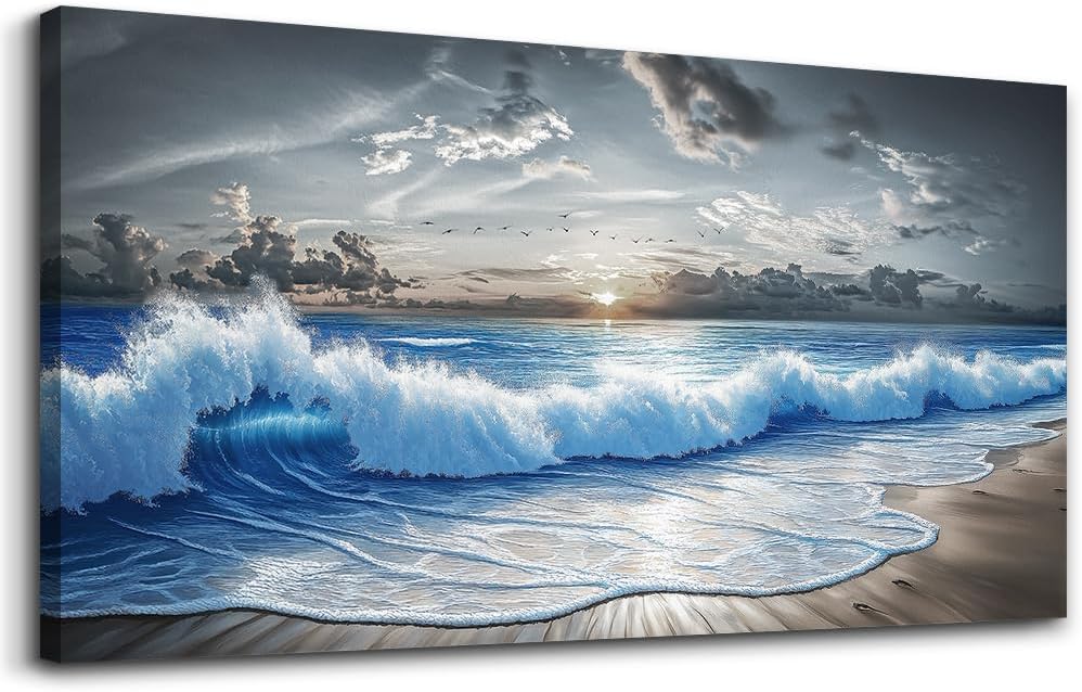 PHAOHUAXM Large Canvas Printed Artworks Mural Wall Decor For Living Room Wall Art For Bedroom Office Decor Black White And Blue Ocean Wave Landscape Painting Modern Home Decor Ready To Hang 30'X60'