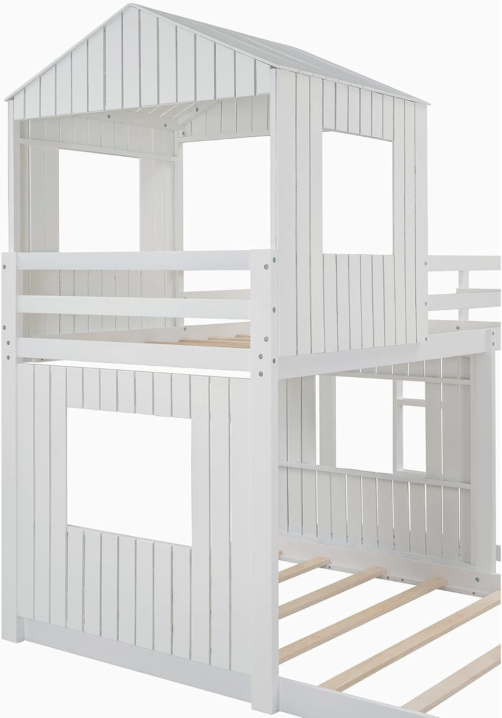 Twin Over Full Bunk Beds for Kids Toddlers, Wooden Play Farm House Bunk Bed with Roof Window Guardrail Ladder, for Girls Boys, No Spring Box Required (White-BUNK Bed-Twin-Full-4)