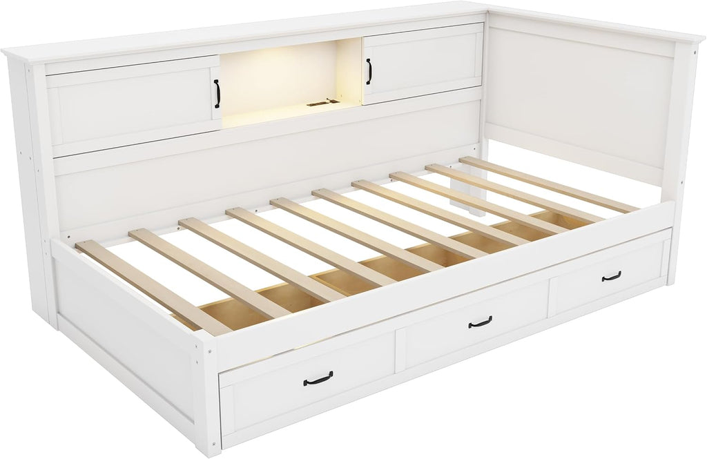 Twin Size L-Shaped Bed with Drawer and Bookcase, Multifunctional Corner Bed, Wooden Captain Bed Frame with Led Downlight and USB Port for Kids Teens Adults