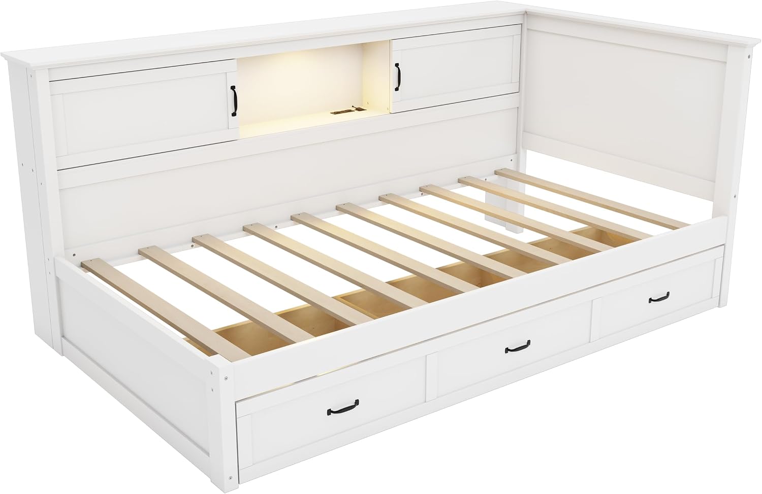 Twin Size L-Shaped Bed with Drawer and Bookcase, Multifunctional Corner Bed, Wooden Captain Bed Frame with Led Downlight and USB Port for Kids Teens Adults