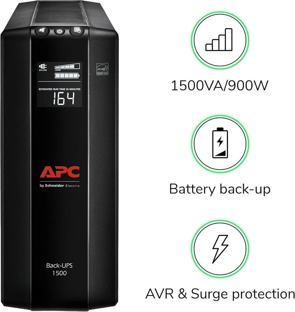 APC UPS Back-UPS Pro 1500VA UPS, 900W Battery Backup & Surge Protector, AVR, 10 Outlets (NEMA 5-15R), LCD, BX1500M Uninterruptible Power Supply for Computers, Wi-Fi Routers, Home Office Electronics