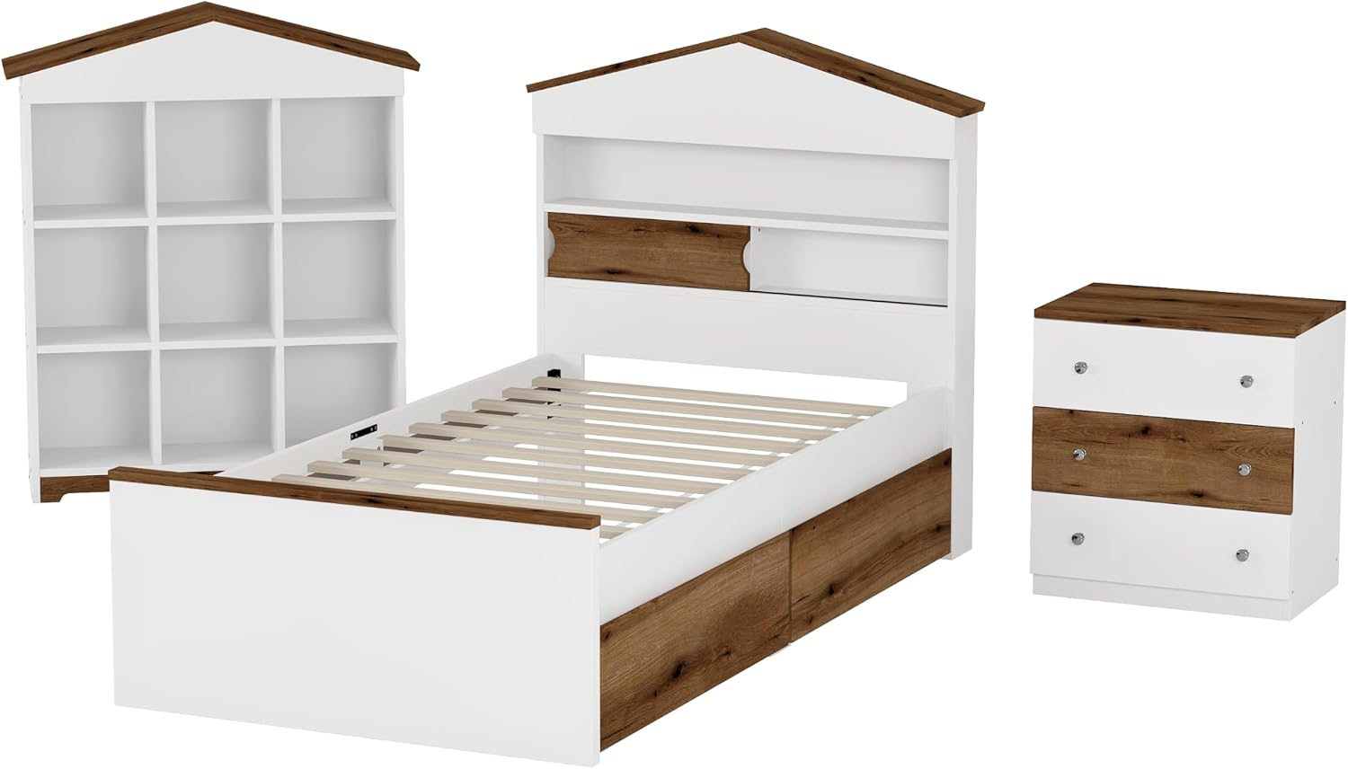 3 Pcs Bedroom Sets, Twin Size House Shaped Wooden Bed with Storage Drawers, Nightstand with Colorblock Design and House Shaped Stroage Rack, Brown+White