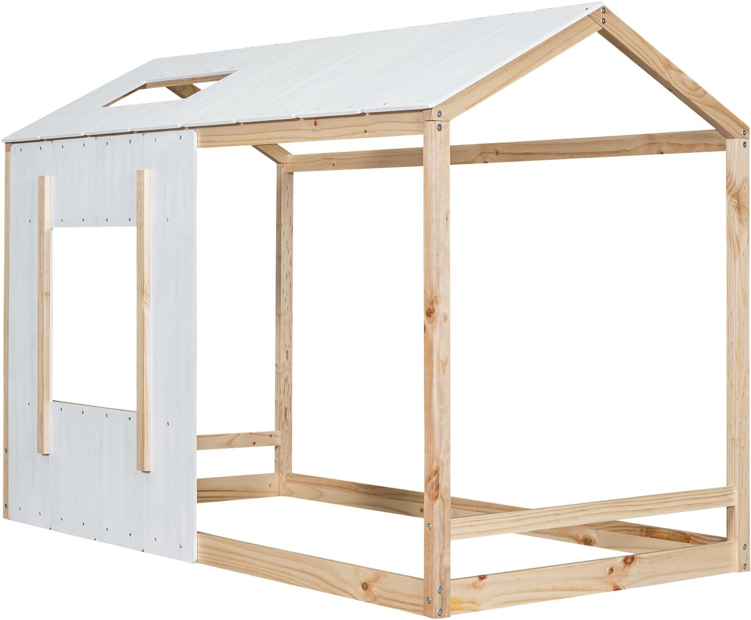 JIVOIT House Platform Bed with Roof and Window, Twin Size Kids House Bed Wood Bed Frame, Low Floor Bed for Toddler Kids Teens Boys Girls (Natural+Antique White)