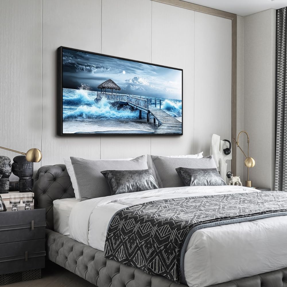 ERQINHUA Large Canvas Wall Decor For Living Room Wall Art For Bedroom Office Wall Decorations Black Frame Blue Wave Landscape Painting Artwork For Modern Stretched and Framed Beach Posters 24'X48'