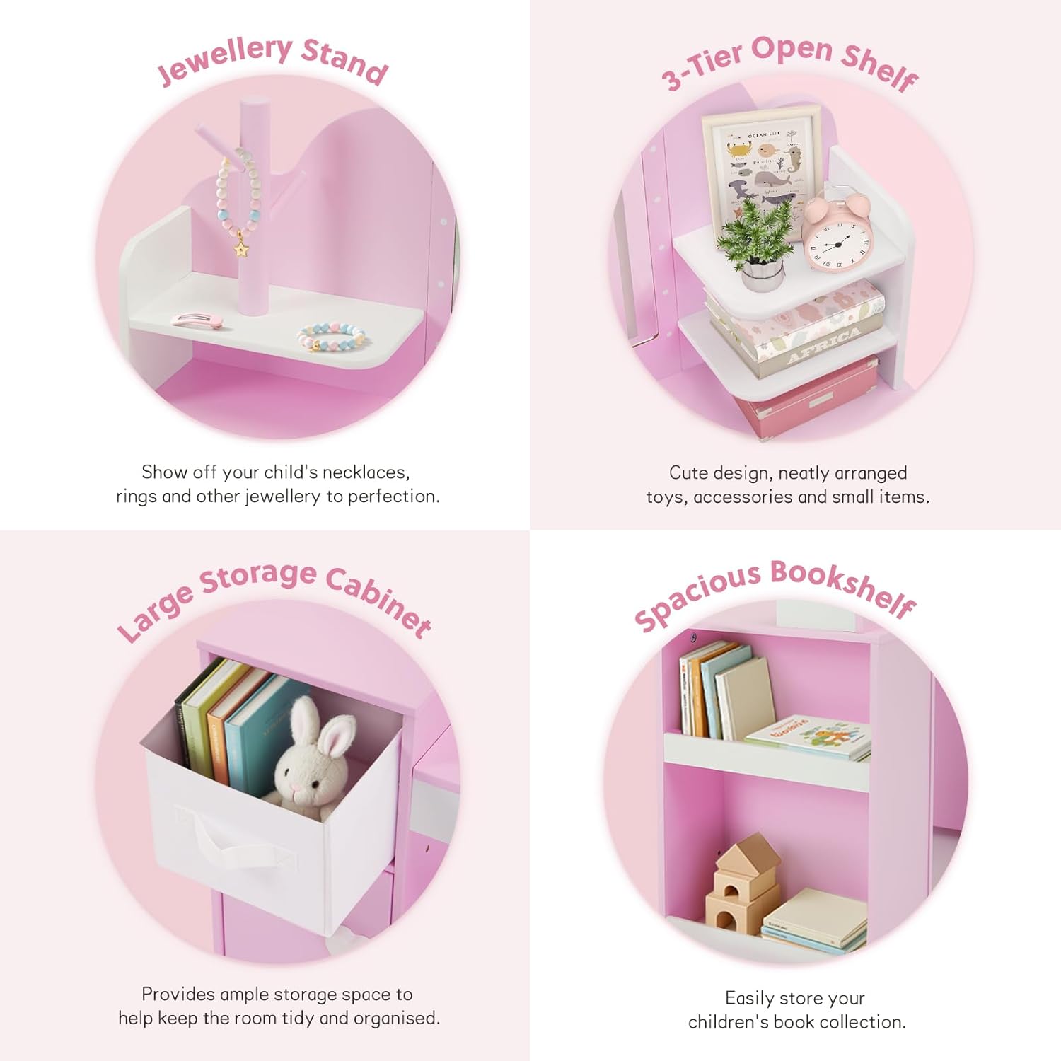 Frogprin Kids Vanity with Lights and Chair, Princess Makeup Vanity Desk with Mirror Bookshelf Storage Cabinet,3 in 1 Toddler Vanity Table,Makeup Dressing Table,Pretend Play Vanity for Little Girl-Pink