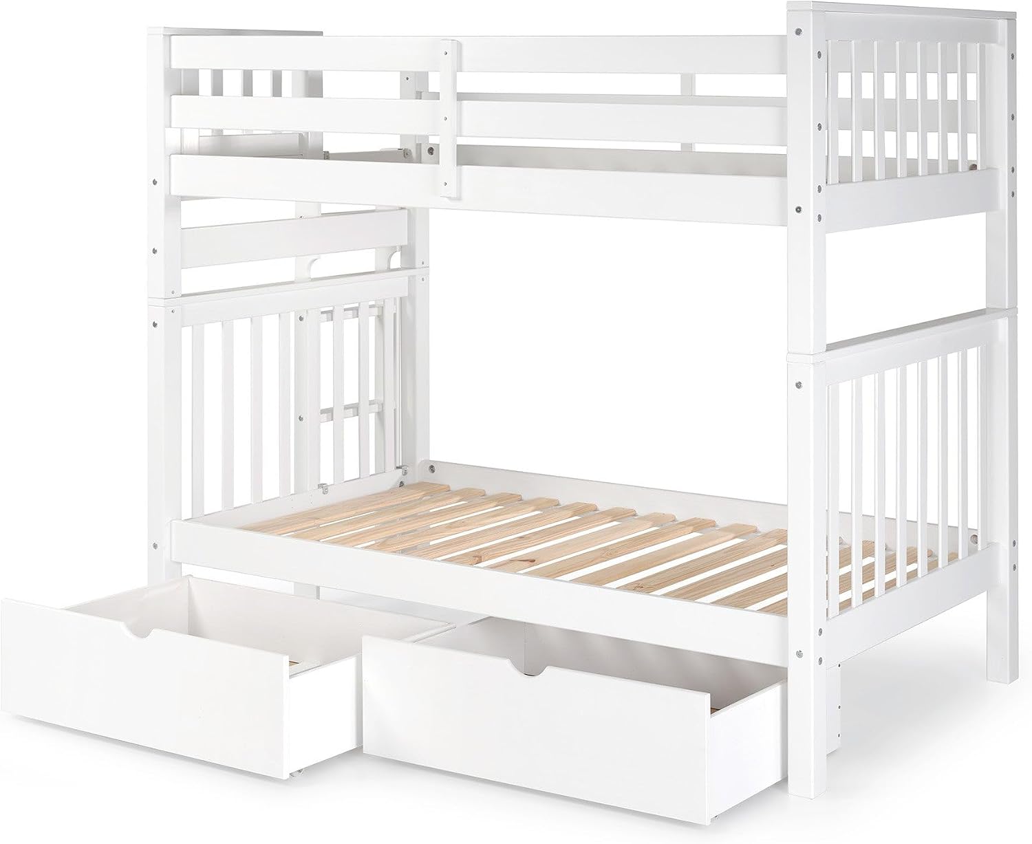 Bedz King Tall Bunk Beds Twin Over Twin Mission Style, End Ladder, 2 Storage Drawers, White
