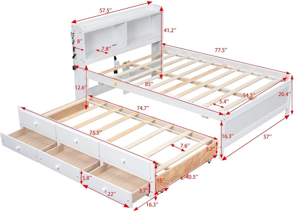 KEVINSPACE LED Bed Frame Full Size Captain's Bed Storage Daybed with Trundle Set, USB,Type-C Ports,LED Light Bed, Wooden Platform Bed with 3 Storage Drawers and Bookcase Headboard Bedroom White