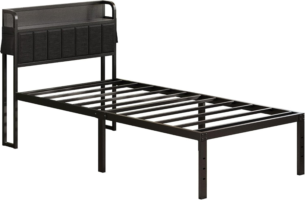 Lutown-Teen 16 Inch Twin Bed Frames with Upholstered Storage Headboard, Sturdy Single Bed Frame, No Box Spring Needed Twin Platform, Black