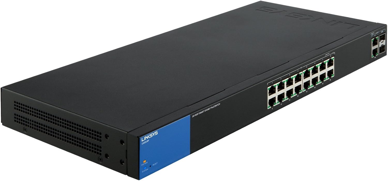 Linksys Business LGS318P 16-Port Gigabit Poe+ (125W) Smart Managed Switch with 2 Gigabit and 2 SFP Ports, Black