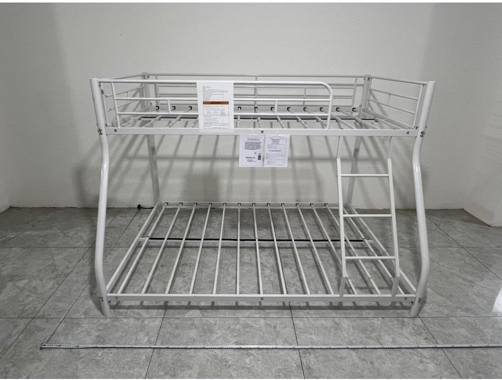 Twin Over Full Metal Bunk Bed, with Ladder & Full-Length Guardrail for Teens Adults, Noise Free (White + Metal + Metal)