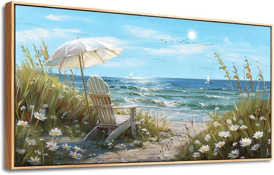 ERQINHUA Large Wall Art For Living Room Canvas Wall Decor For Bedroom Office Decoration Blue Sea Ocean Paintings Beach Chair Wall Pictures Artworks Modern Home Decor Aesthetics 24x48 In Wood Framed