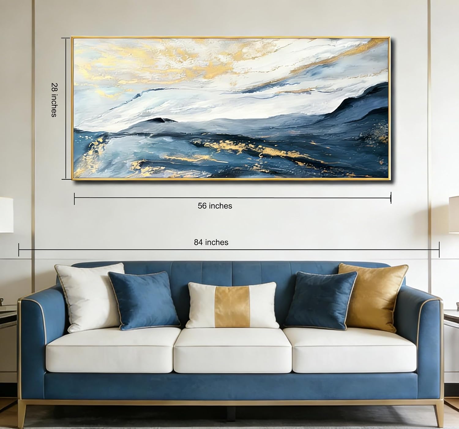 Large Textured Blue & Gold Mountain Framed Wall Art for Living Room, Abstract Landscape Oil Painting with Gold Foil for Bedroom, Modern Luxury Wall Decor for Office, Ready to Hang 28x56 Inches