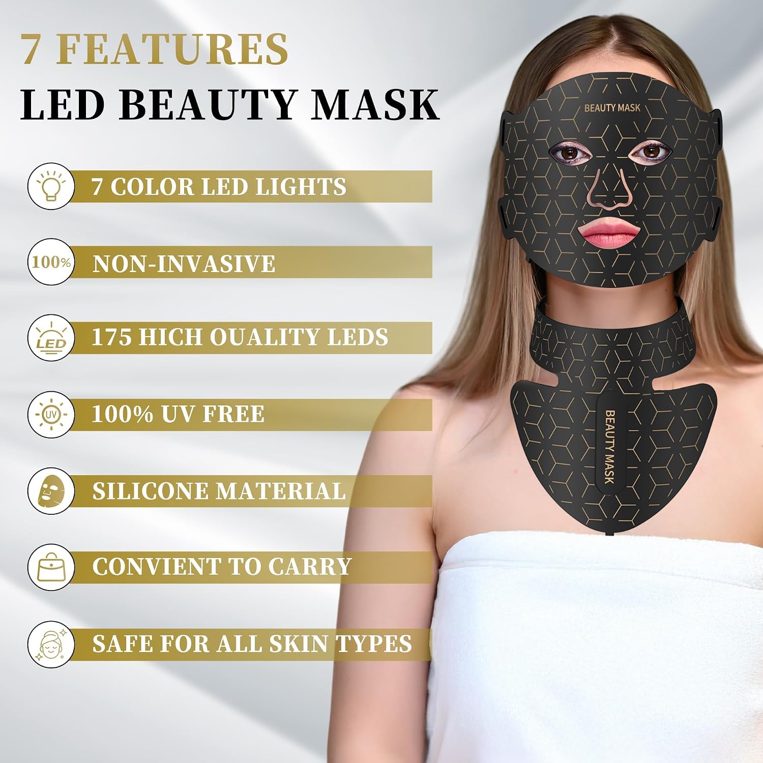 FDA-Cleared Red Light Therapy for Face & Neck, Rechargeable 7-in-1 LED with 850nm & 660nm NIR, Hands-Free Silicone for Anti-Aging, Wrinkle Reduction & Sensitive Skin During Yoga or Work