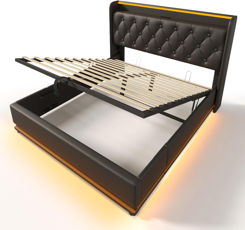 Full Size Lift Up Storage Bed Frame with Button Headboard and Storage Smart Bed with 360 Surround LED Function Upholstered Platform Bed USB Type-C Charging Easy Assembly (Black, Full)