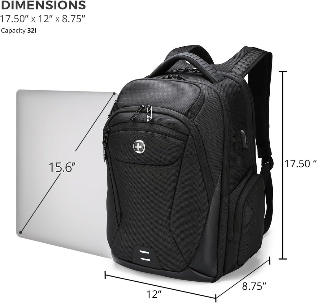 Swissdigital Design Men's Laptop Backpack for College and Business Travel with Integrated USB Charging Port and RFID Protection Fits Laptops up to 15.6 Inch, Black | SD1695-01