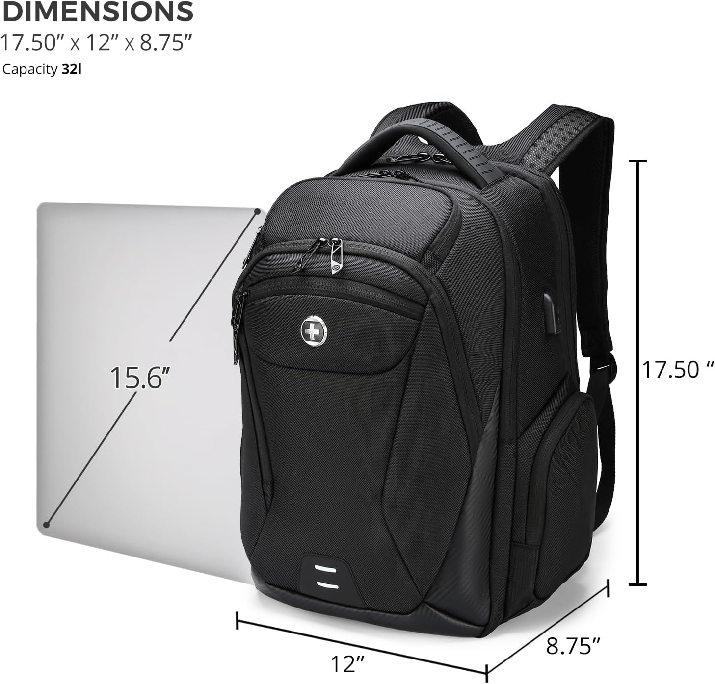 Swissdigital Design Men's Laptop Backpack for College and Business Travel with Integrated USB Charging Port and RFID Protection Fits Laptops up to 15.6 Inch, Black | SD1695-01