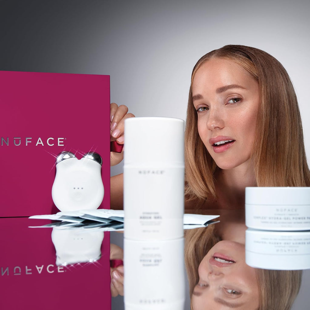 NuFACE MINI+ Microcurrent Facial Device Ultimate Uplift Kit - Brilliant White Face Sculpting & Contouring Device with Aqua Gel, Power Patches, Prep-N-Glow Skin Care Wipes & Luxe Gift Box
