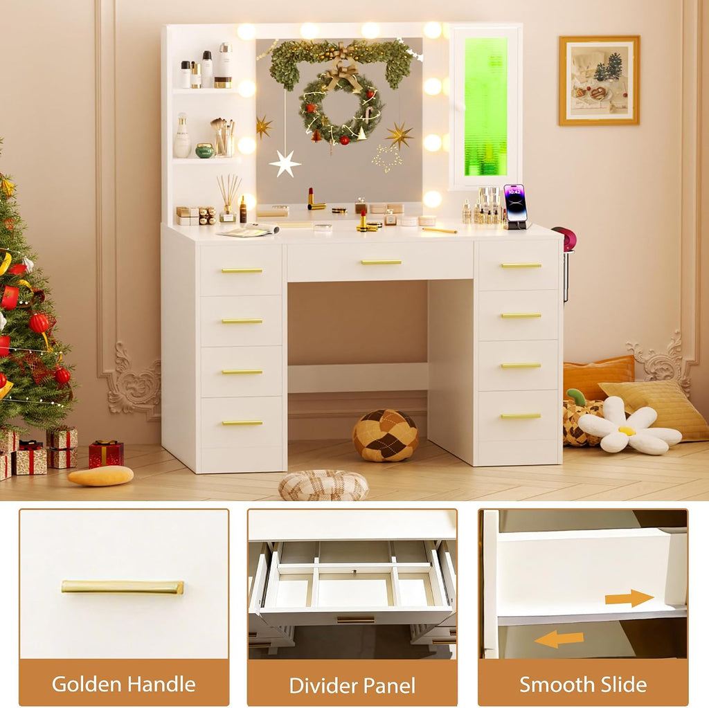 ERLEJIA Vanity Desk with Mirror and Lights, 43' Large Makeup Dressing Table with 9 Drawers & 3 Shelves, RGB LED Lighting & Power Outlet, White and Gold