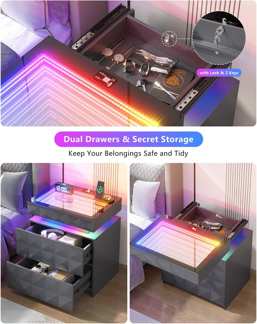 Bedside Table with Charger Station and RGB Lights, Nightstand with 3 Drawers and Sliding Top, Modern Night Stand with Human Body Sensor for Bedroom & Living Room, Grey