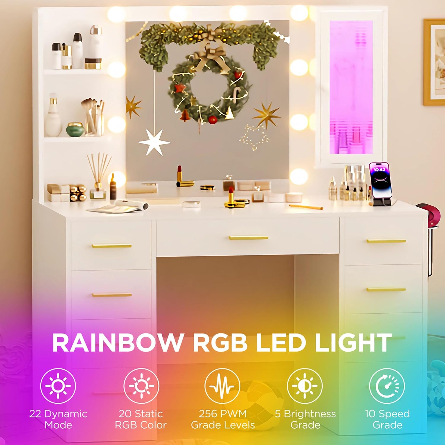 ERLEJIA Vanity Desk with Mirror and Lights, Large 43' White Makeup Vanity Desk with 9 Drawers and Power Outlet, 3 Open Shelves and 1 RGB Lighting Cabinet, White and Gold