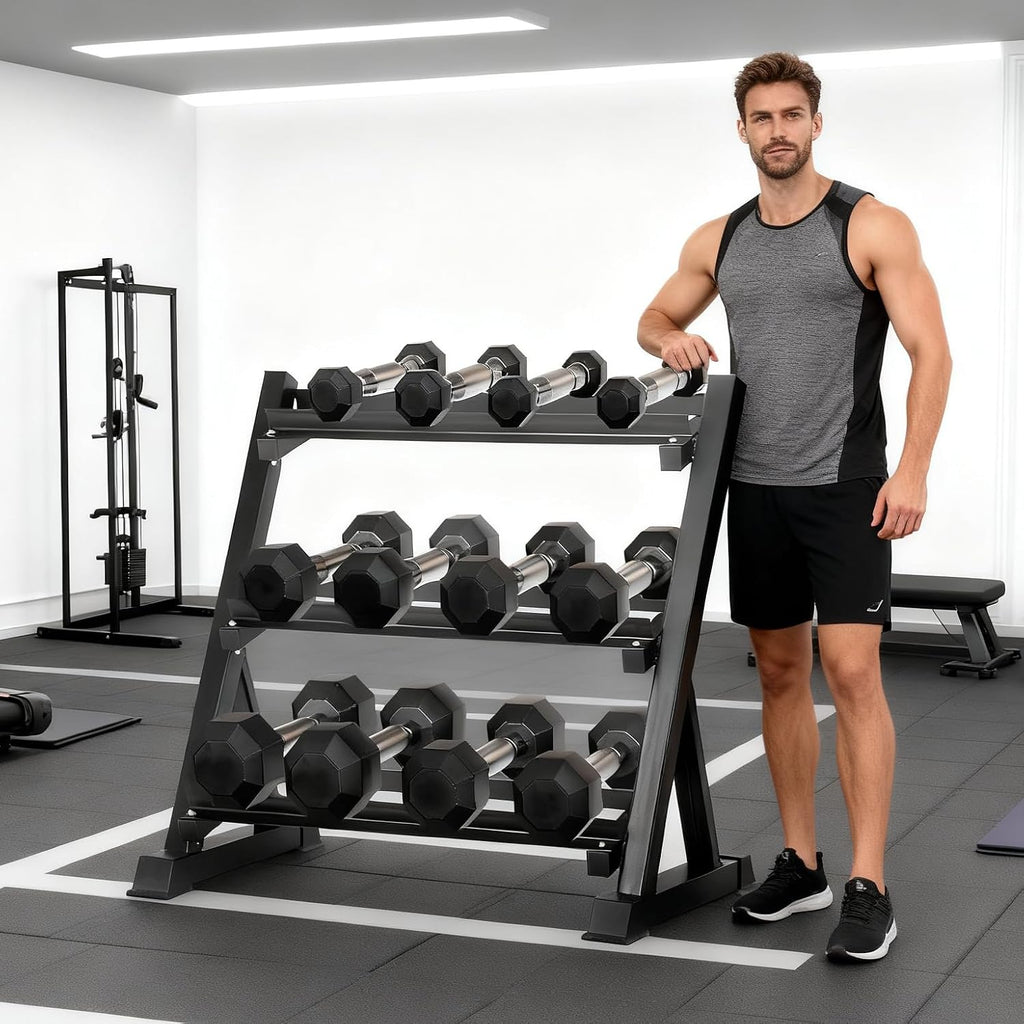 Dumbbell Set with Rack Hex Dumbbells 5-50 lb Rubber Coated Dumbbells Heavy Duty Weight Set 350 lb 450 lb 550 lb with 3-Tier Stand Complete Home Gym Set Dumbbell Rack Set Workout Weights