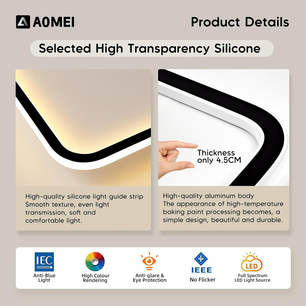 AOMEI 35' Rectangular 3CCT Dimmable Ceiling Light - 72W 3000K/4000K/6000K Adjustable Edge-lit Recessed Fixture for Living Room & Master Bedroom (Black)