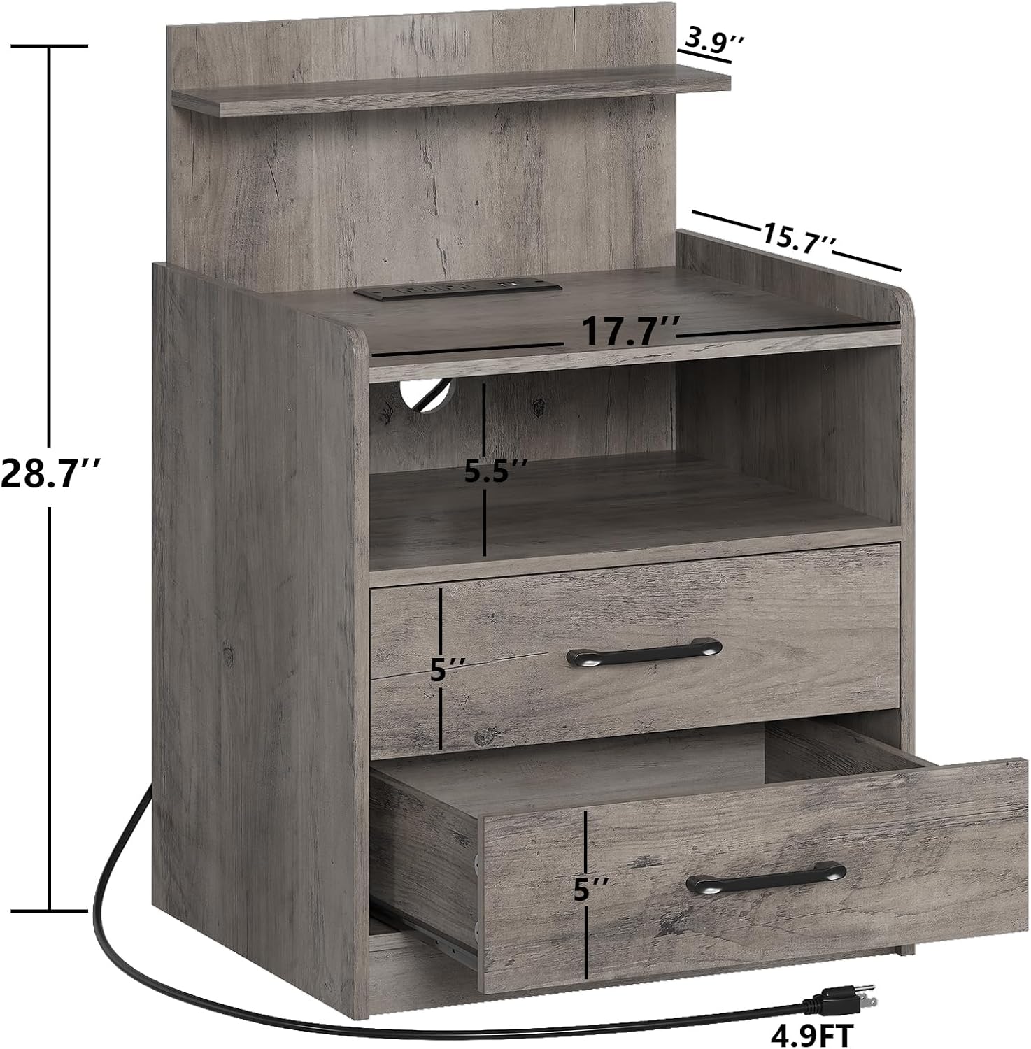 Nightstand Set of 2 with Charging Station and LED Lights, Bedside Table with 2 Drawers and Open Storage Shelf, 2 USB Ports and 2 AC Outlets, LED Night Stands for Bedroom Set of 2, Grey