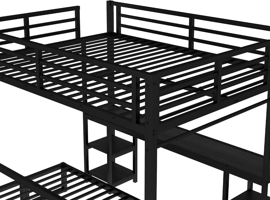 JIVOIT Queen Over Twin XL Metal Bunk Bed/Loft Bed, Multi-Functional Folding Design with Desk and Shelves, Multiple Uses Folds into Sofa, No Box Spring Needed