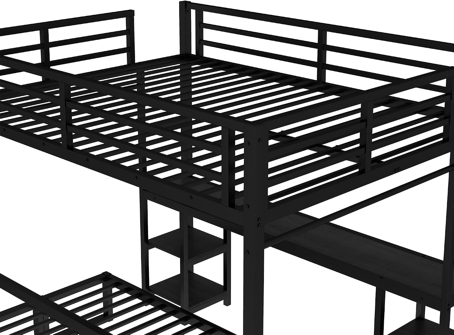 JIVOIT Queen Over Twin XL Metal Bunk Bed/Loft Bed, Multi-Functional Folding Design with Desk and Shelves, Multiple Uses Folds into Sofa, No Box Spring Needed