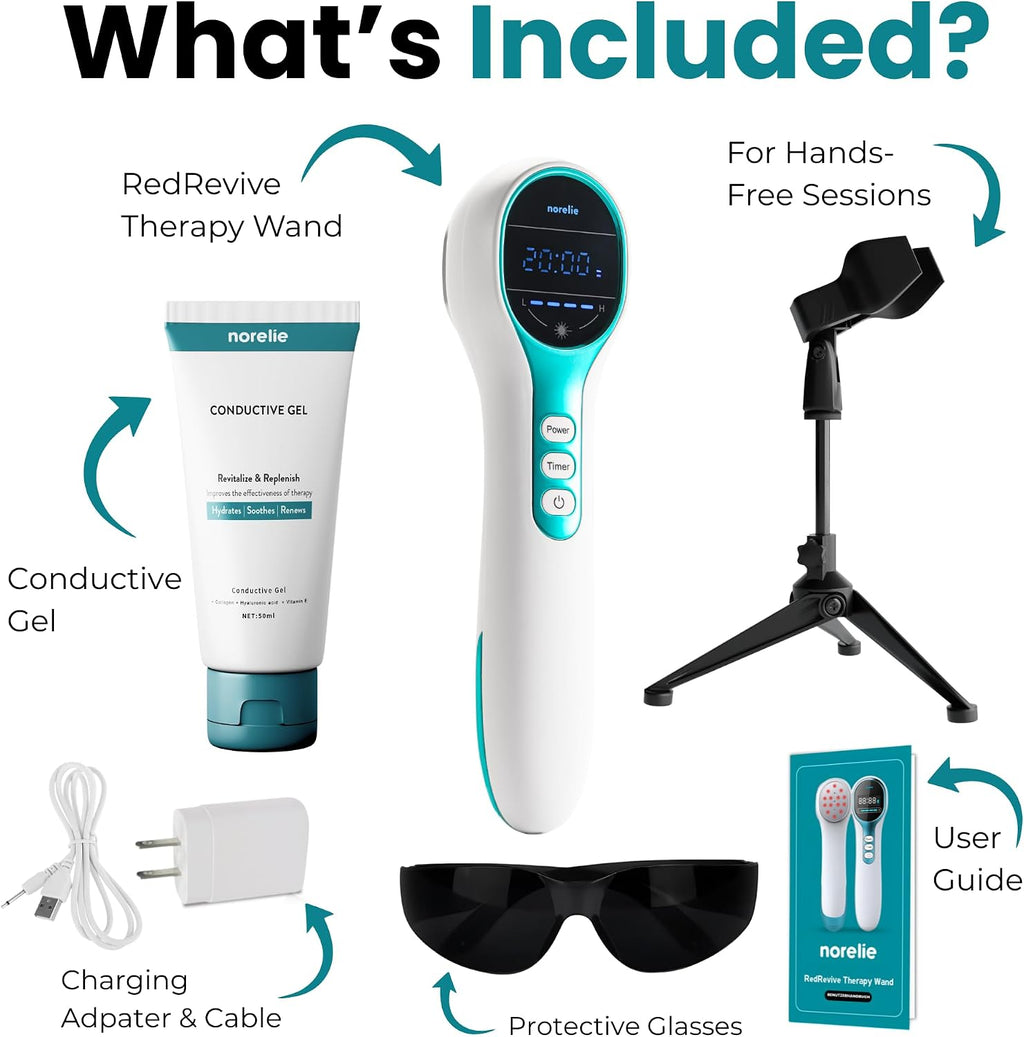 Norelie RedRevive Cold Laser Therapy Wand with Stand & Conductive Gel for Hands-Free Enhanced Light Therapy Sessions, Portable Red Light Therapy Wand for Relief of Muscle, Joints and Body Pain