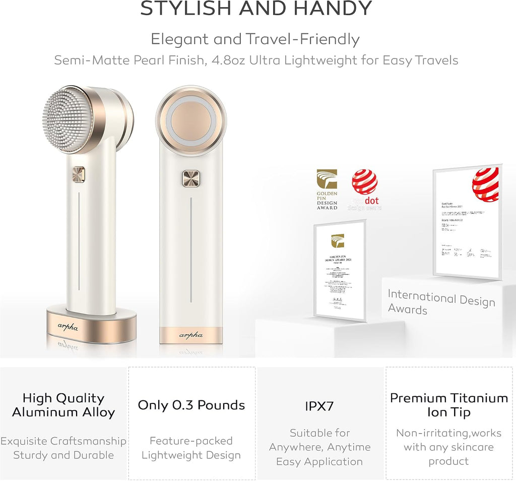 Arpha Titanium Ion Skincare Enhancer & Silicone Sonic Face Scrubber, for Skin Tightening, Brightening, Gentle Deep Cleanse, Mindful Glow Up, Only 135g, IPX7 Waterproof (Beige)