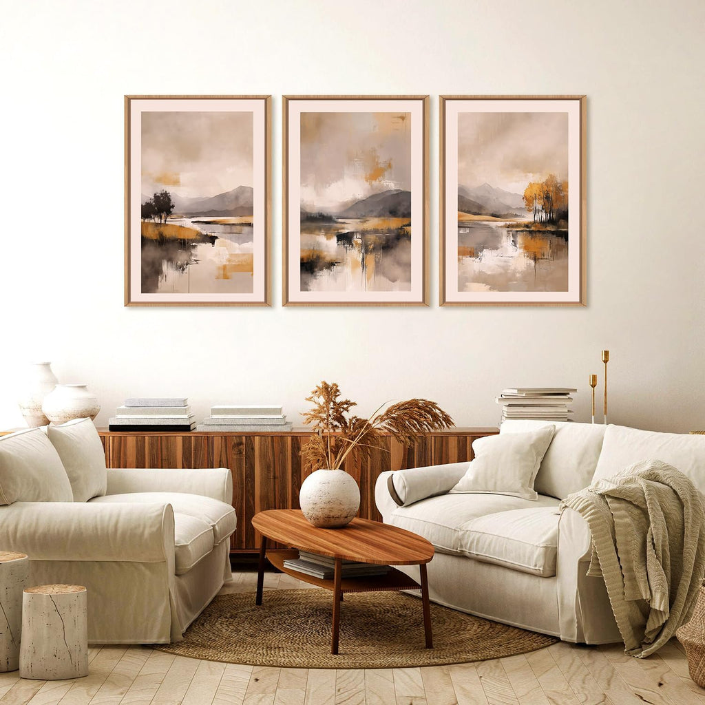 FWIEXA Abstract Landscape Neutral Canvas Wall Art Set, Beige Grey Mountain Framed Wall Decor, 3 Panel 24x36 Inches Watercoler Lake Artwork, Brush Stroke Forest Prints for Living Room, Office, Bedroom