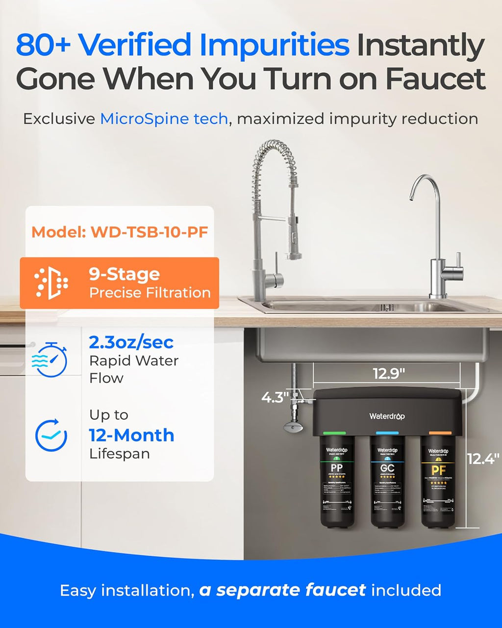 Waterdrop TSB-PF Under Sink Water Filter, Reduces 80+ Impurities-PFAS, Chlorine, Chloramine, Fluoride, Taste&Odor, VOCs, Chloroform, 9 Layer Under Sink Water Filtration System,with A Separate Faucet