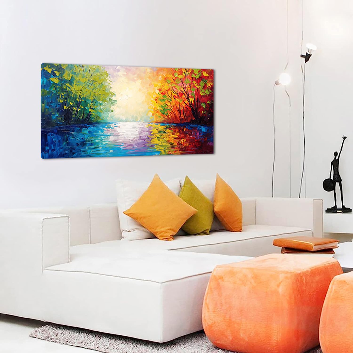 Beautiful River Scenery and Colorful Forests On Both Sides Palette Knife Painting Wall Art Decor Artwork for Bedroom (30x60 Inches)